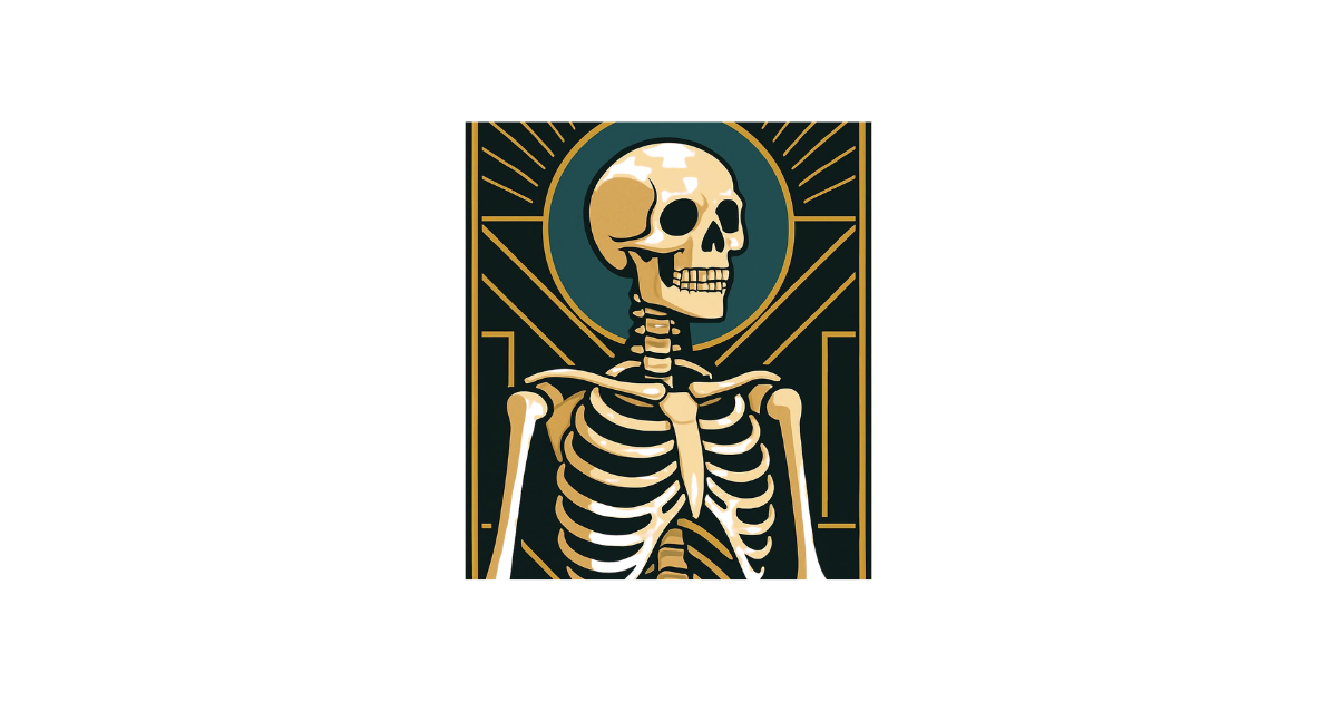 Illustrazione di uno scheletro in stile Art Deco, elegante e ironica
